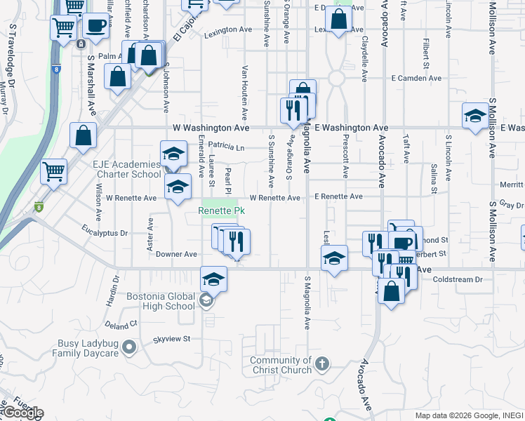 map of restaurants, bars, coffee shops, grocery stores, and more near 378 West Renette Avenue in El Cajon