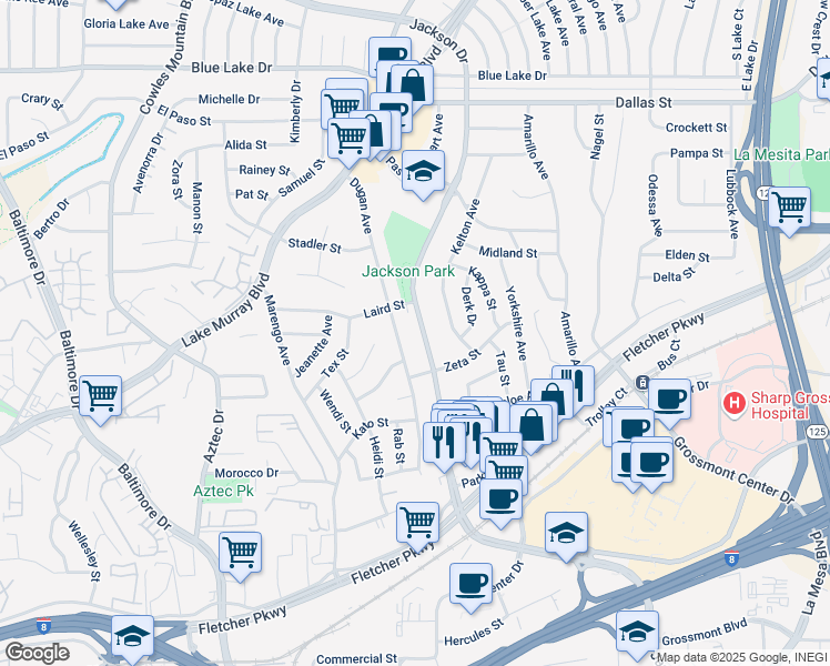 map of restaurants, bars, coffee shops, grocery stores, and more near 5795 Jackson Drive in La Mesa