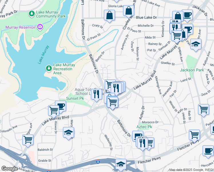map of restaurants, bars, coffee shops, grocery stores, and more near 10 Baltimore Drive in La Mesa