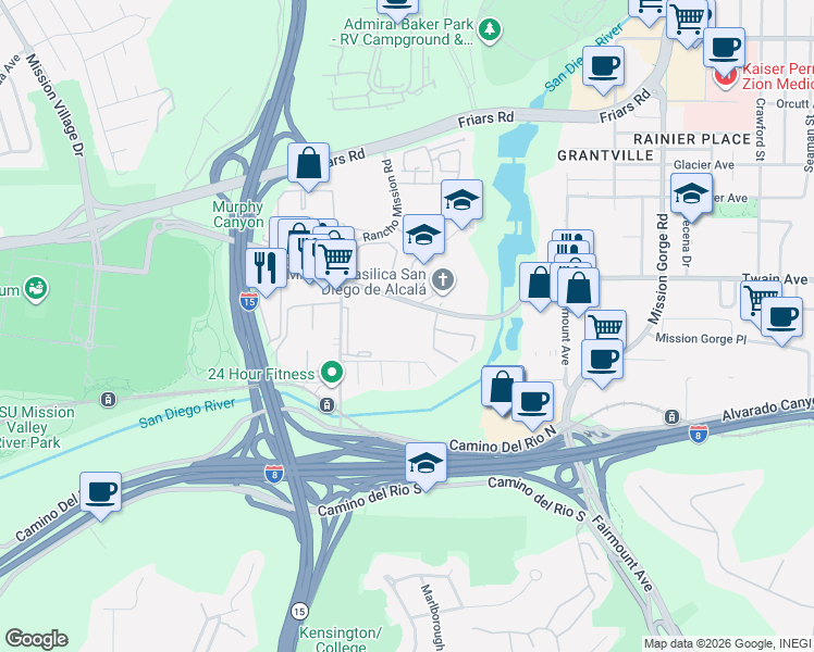map of restaurants, bars, coffee shops, grocery stores, and more near 10715 San Diego Mission Road in San Diego