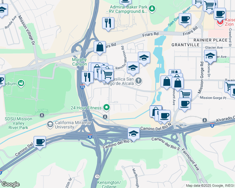 map of restaurants, bars, coffee shops, grocery stores, and more near 6049 Rancho Mission Road in San Diego