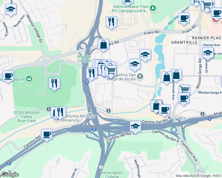 map of restaurants, bars, coffee shops, grocery stores, and more near 2350 Russell Park Way in San Diego