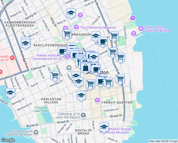 map of restaurants, bars, coffee shops, grocery stores, and more near 76 Society Street in Charleston