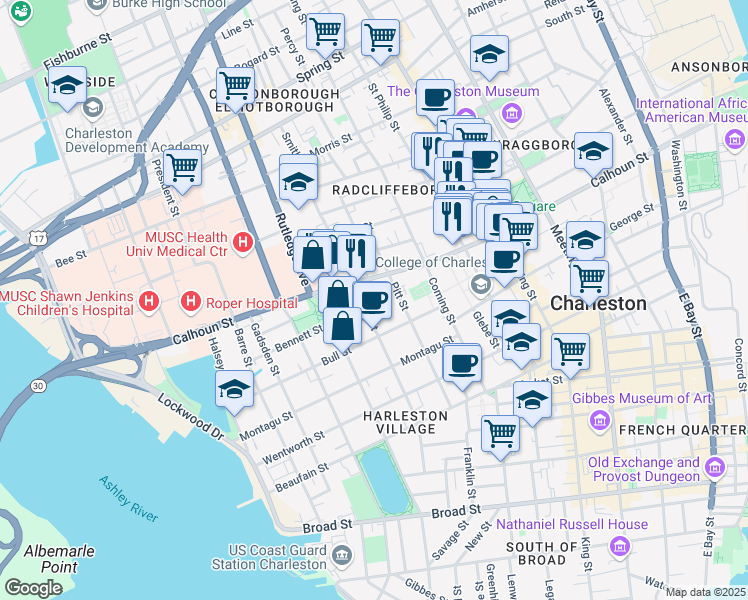 map of restaurants, bars, coffee shops, grocery stores, and more near 57 Pitt Street in Charleston