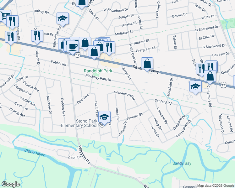 map of restaurants, bars, coffee shops, grocery stores, and more near 430 Rotherwood Drive in Charleston