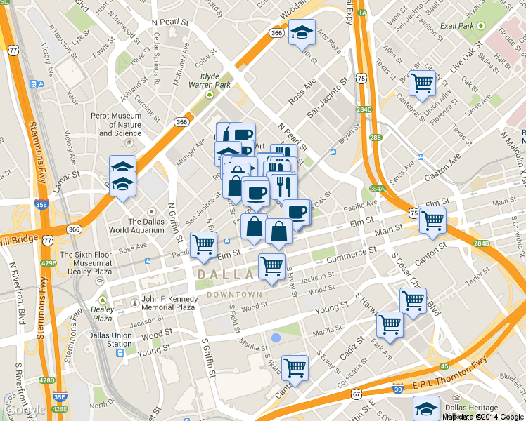 map of restaurants, bars, coffee shops, grocery stores, and more near in Dallas