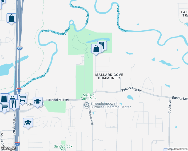 map of restaurants, bars, coffee shops, grocery stores, and more near 221 Shadow Grass Avenue in Fort Worth