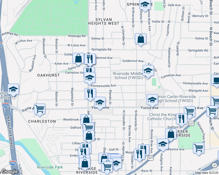 map of restaurants, bars, coffee shops, grocery stores, and more near 1604 Blandin Street in Fort Worth