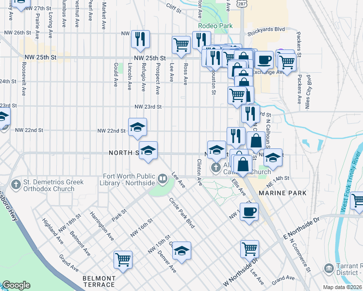 map of restaurants, bars, coffee shops, grocery stores, and more near 2117 Ross Avenue in Fort Worth