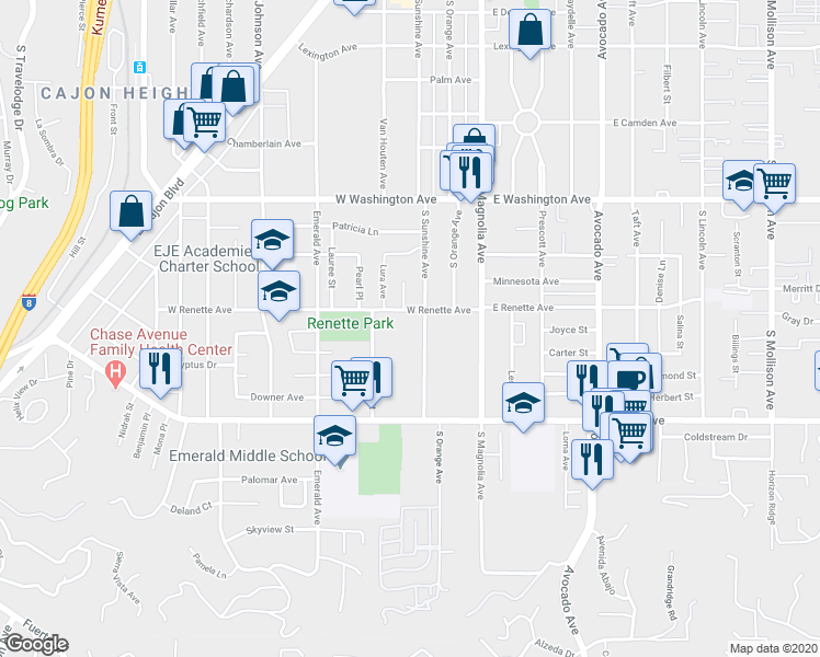 map of restaurants, bars, coffee shops, grocery stores, and more near 378 West Renette Avenue in El Cajon