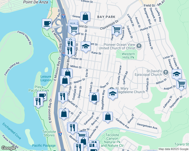 map of restaurants, bars, coffee shops, grocery stores, and more near 2115 Frankfort Street in San Diego