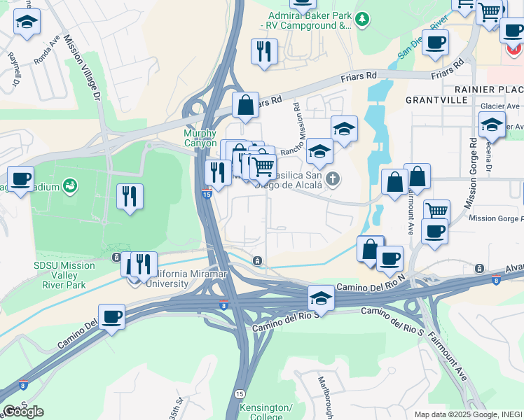 map of restaurants, bars, coffee shops, grocery stores, and more near 6006 Rancho Mission Road in San Diego