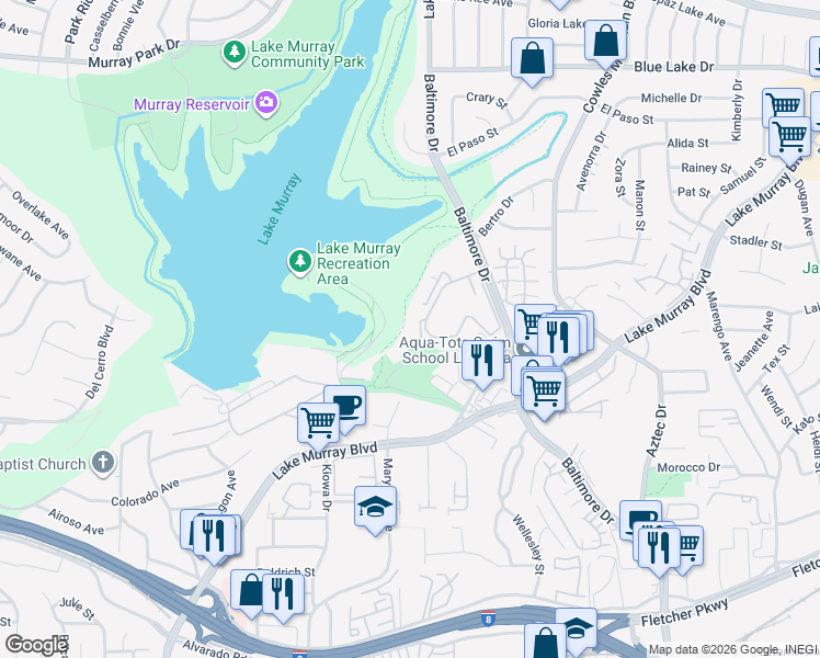 map of restaurants, bars, coffee shops, grocery stores, and more near 5706 Baltimore Drive in La Mesa