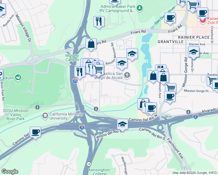 map of restaurants, bars, coffee shops, grocery stores, and more near 6049 Rancho Mission Road in San Diego