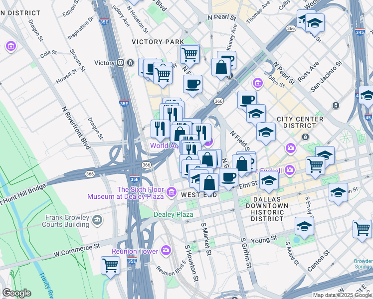 map of restaurants, bars, coffee shops, grocery stores, and more near 2001 North Lamar Street in Dallas