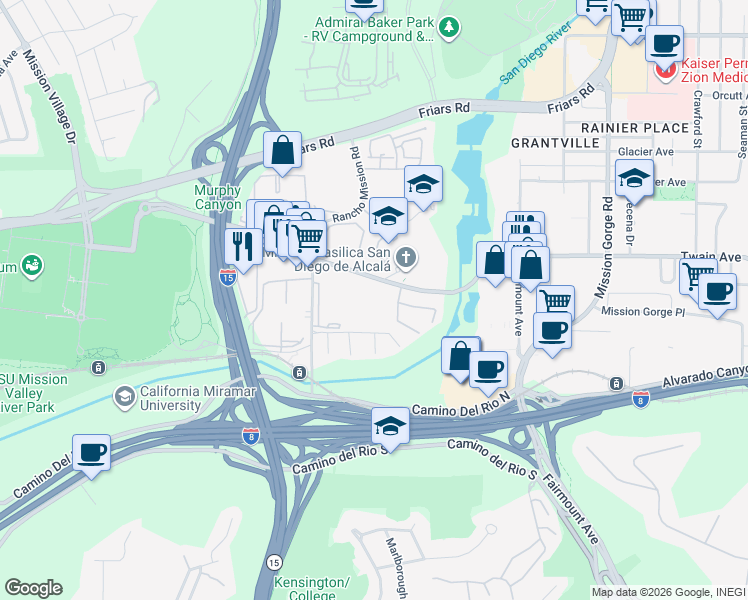 map of restaurants, bars, coffee shops, grocery stores, and more near 10715 San Diego Mission Road in San Diego