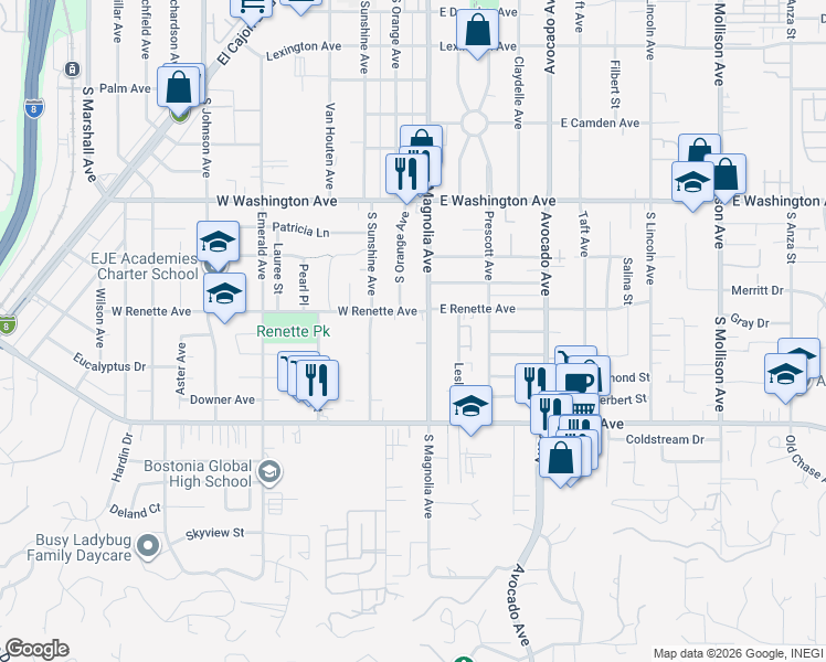 map of restaurants, bars, coffee shops, grocery stores, and more near 910 South Magnolia Avenue in El Cajon