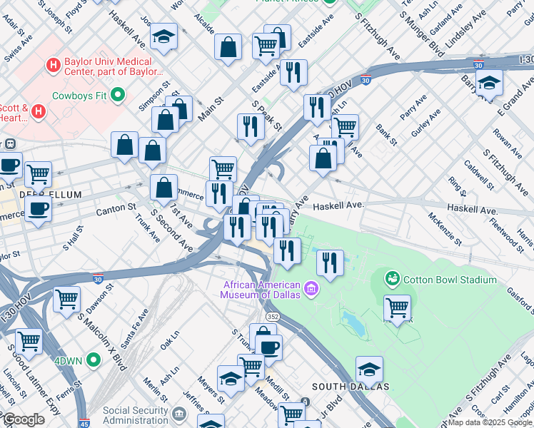 map of restaurants, bars, coffee shops, grocery stores, and more near 4118 Commerce Street in Dallas