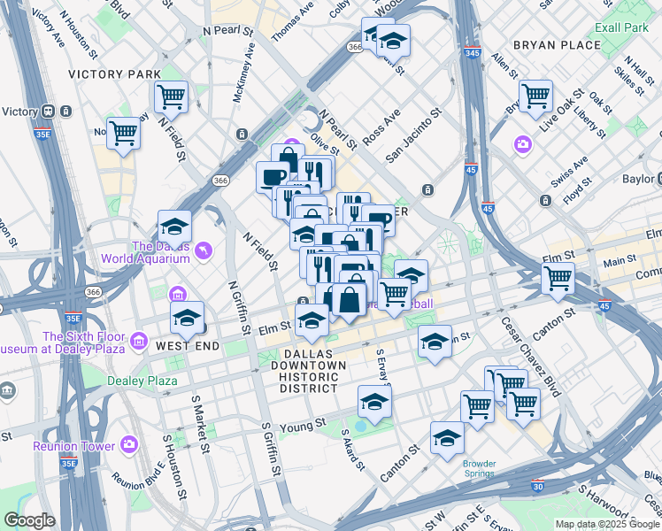 map of restaurants, bars, coffee shops, grocery stores, and more near 1610 Patterson Street in Dallas