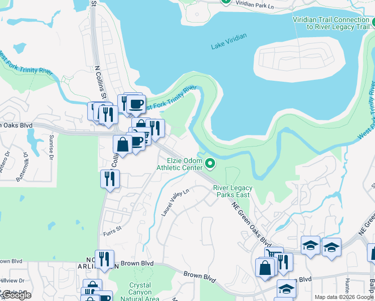 map of restaurants, bars, coffee shops, grocery stores, and more near 1501 Northeast Green Oaks Boulevard in Arlington
