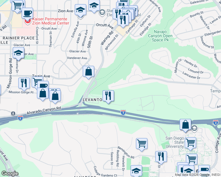 map of restaurants, bars, coffee shops, grocery stores, and more near 5401 Del Cerro Boulevard in San Diego
