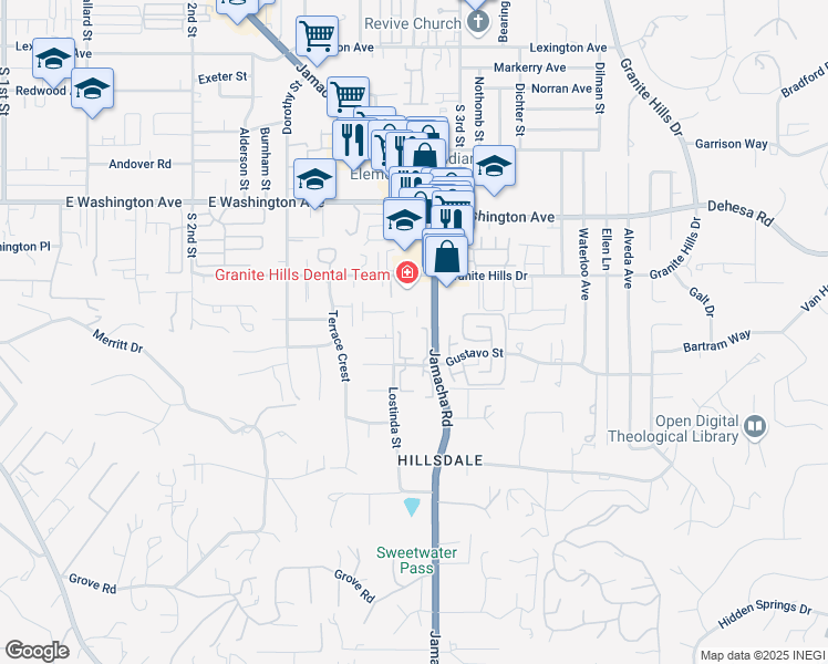 map of restaurants, bars, coffee shops, grocery stores, and more near 1498 Gustavo Street in El Cajon