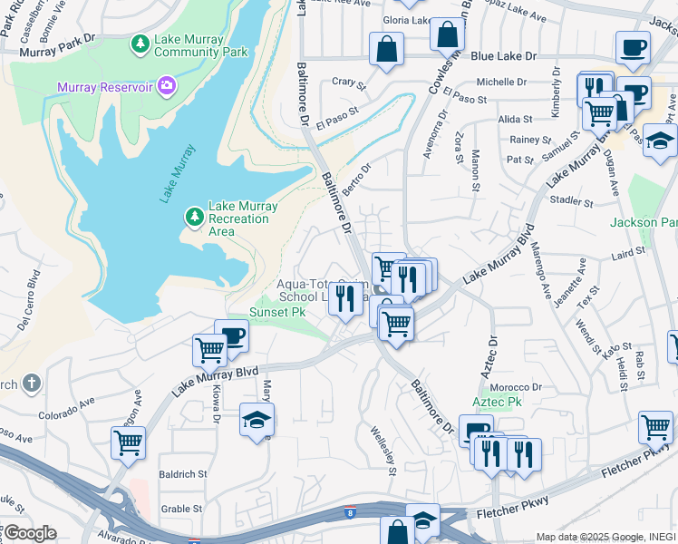 map of restaurants, bars, coffee shops, grocery stores, and more near 5700 Baltimore Drive in La Mesa
