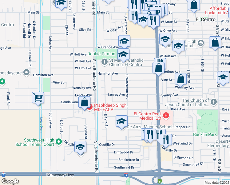 map of restaurants, bars, coffee shops, grocery stores, and more near 1745 Wensley Avenue in El Centro