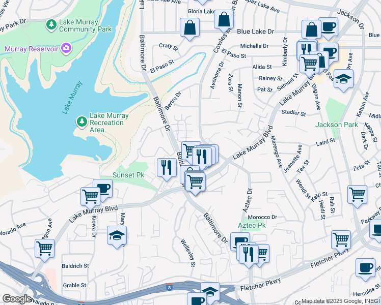 map of restaurants, bars, coffee shops, grocery stores, and more near 5707 Baltimore Drive in La Mesa