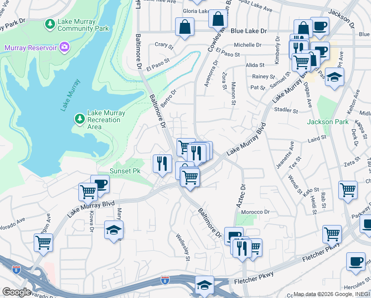 map of restaurants, bars, coffee shops, grocery stores, and more near 5707 Baltimore Drive in La Mesa