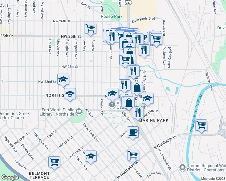 map of restaurants, bars, coffee shops, grocery stores, and more near 2118 North Houston Street in Fort Worth