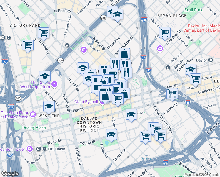 map of restaurants, bars, coffee shops, grocery stores, and more near 405 North Harwood Street in Dallas