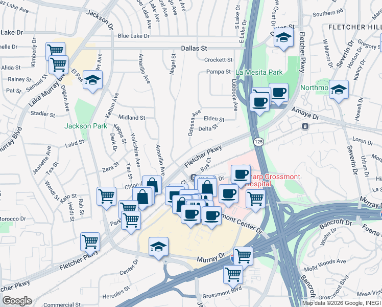 map of restaurants, bars, coffee shops, grocery stores, and more near 5770 Odessa Avenue in La Mesa