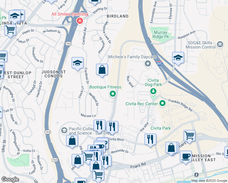 map of restaurants, bars, coffee shops, grocery stores, and more near 5980 Mission Center Road in San Diego