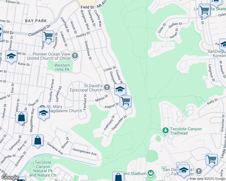 map of restaurants, bars, coffee shops, grocery stores, and more near 5055 July Street in San Diego