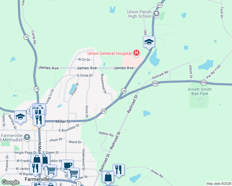 map of restaurants, bars, coffee shops, grocery stores, and more near 901 Marion Highway in Farmerville