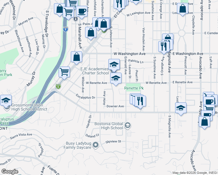 map of restaurants, bars, coffee shops, grocery stores, and more near 726 Paulsen Avenue in El Cajon
