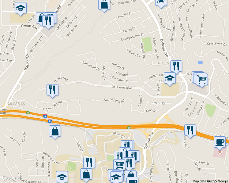 map of restaurants, bars, coffee shops, grocery stores, and more near 5915 Del Cerro Boulevard in San Diego