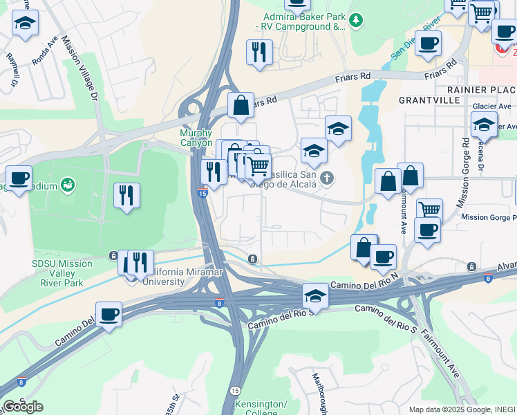 map of restaurants, bars, coffee shops, grocery stores, and more near 6018 Rancho Mission Road in San Diego