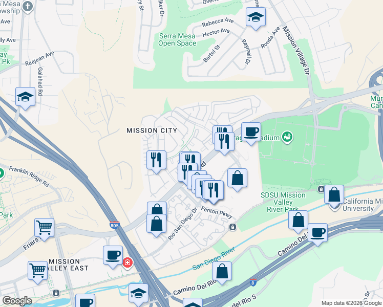 map of restaurants, bars, coffee shops, grocery stores, and more near 2560 Northside Drive in San Diego