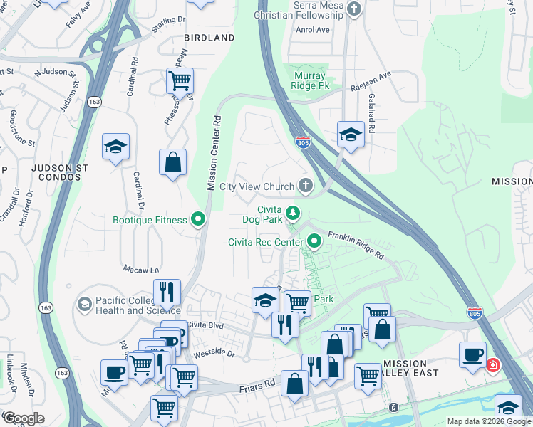 map of restaurants, bars, coffee shops, grocery stores, and more near in San Diego