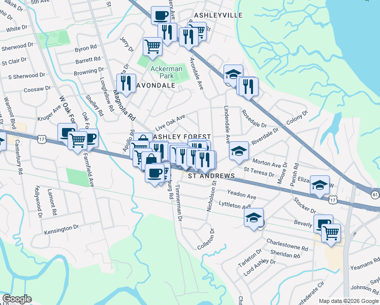 map of restaurants, bars, coffee shops, grocery stores, and more near 202 Hickory Street in Charleston
