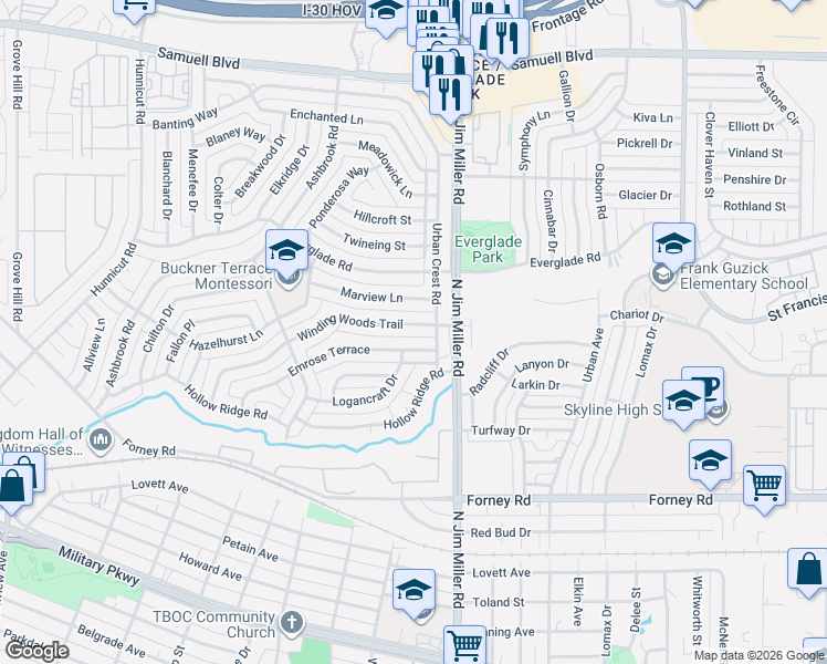 map of restaurants, bars, coffee shops, grocery stores, and more near 5849 Winding Woods Trail in Dallas