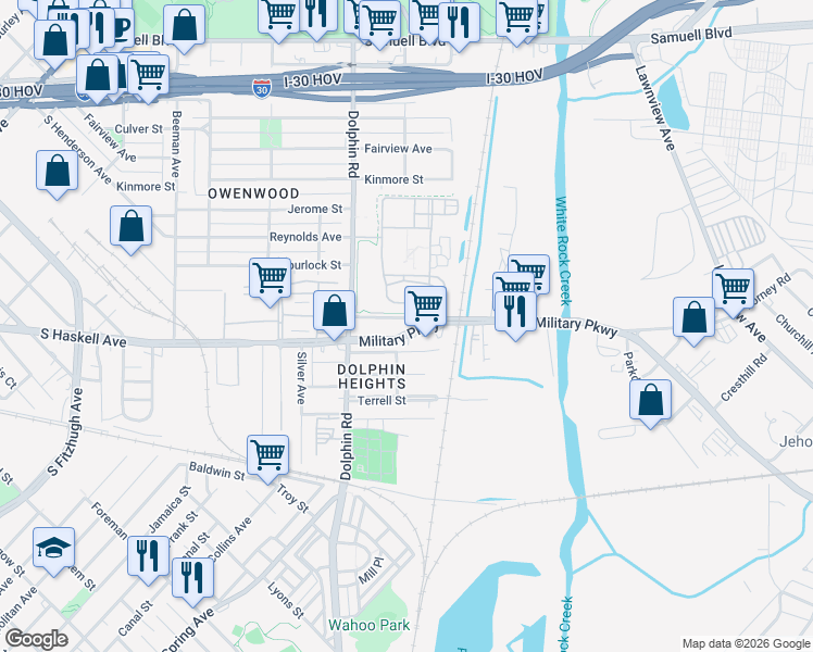map of restaurants, bars, coffee shops, grocery stores, and more near 3525 Forney Road in Dallas