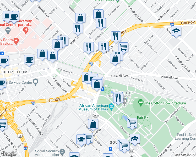 map of restaurants, bars, coffee shops, grocery stores, and more near 4130 Commerce Street in Dallas