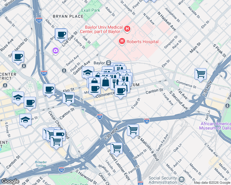 map of restaurants, bars, coffee shops, grocery stores, and more near 2919 Commerce Street in Dallas
