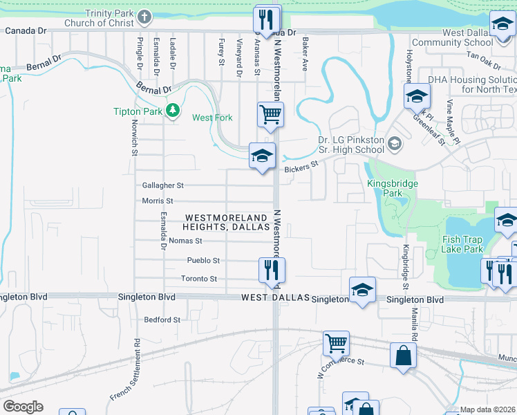 map of restaurants, bars, coffee shops, grocery stores, and more near 3317 Morris Street in Dallas