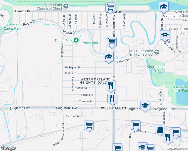 map of restaurants, bars, coffee shops, grocery stores, and more near 3511 Morris Street in Dallas