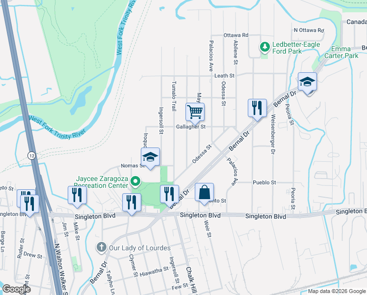 map of restaurants, bars, coffee shops, grocery stores, and more near 3410 Harlingen Street in Dallas