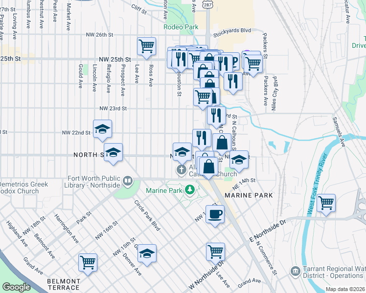 map of restaurants, bars, coffee shops, grocery stores, and more near 2118 North Houston Street in Fort Worth